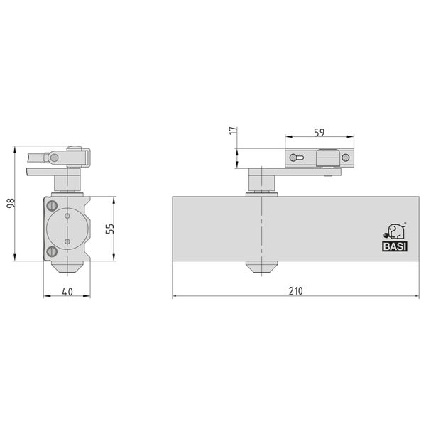 Technische Zeichnung eines BASI Türschließers mit Maßen