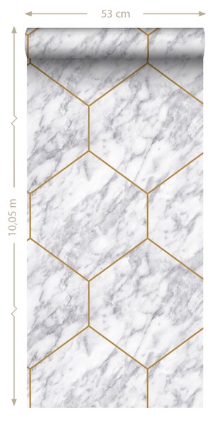 Origin Wallcoverings Tapete Wabenmuster mit Marmoreffekt Weiß, Grau und Gold - 50 x 900 cm - 347808
