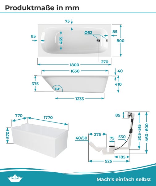 Maßzeichnung einer Einbaubadewanne mit einer Länge von 1800 Millimetern und einer Breite von 800 Millimetern sowie Details zur Ablaufgarnitur.