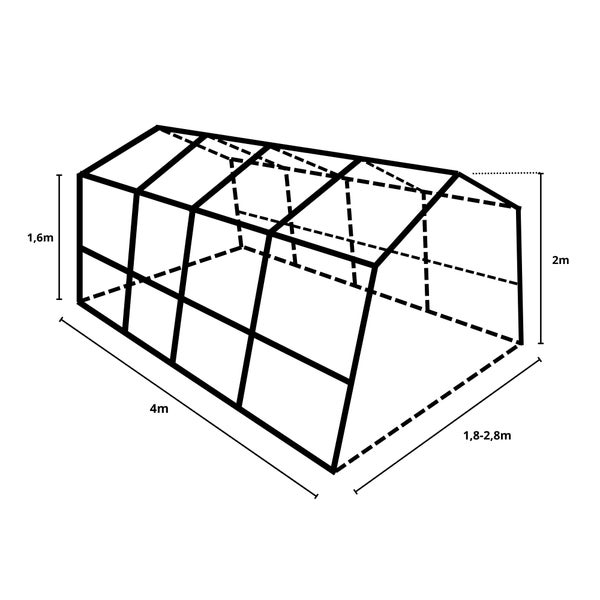 Abbildung eines Gewächshausrahmens mit den Maßen 4 Meter Länge, 1,6 Meter Höhe und 1,8 bis 2,8 Meter Breite