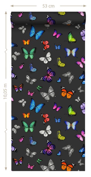 ESTAhome Tapete Schmetterlinge Multicolor auf Schwarz - 53 cm x 10.05 m - 138508
