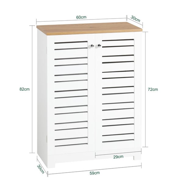 Weißer Badschrank mit zwei Türen, Holzplatte und Größenangaben