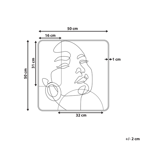 Wanddekoration mit Ein-Linien-Zeichnung eines Gesichts und Maßangaben: 50 Zentimeter mal 50 Zentimeter, Rahmenbreite 1 Zentimeter.