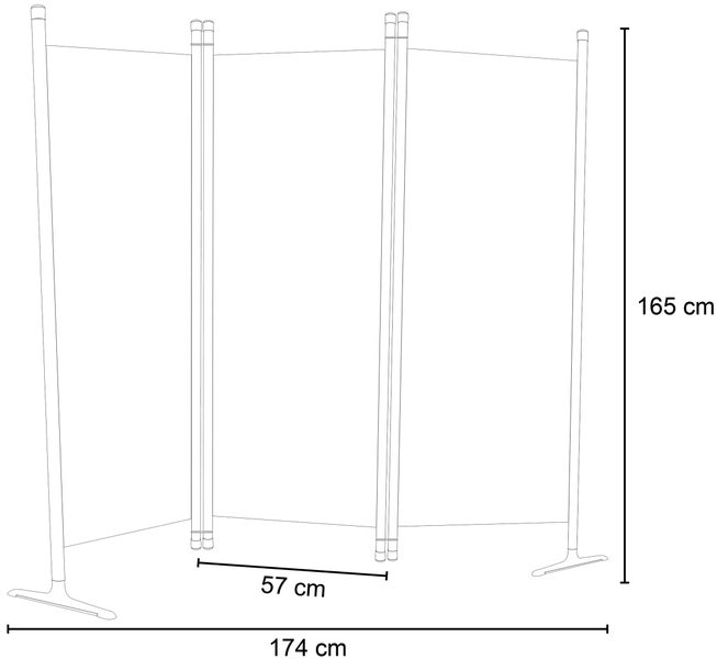 Skizze eines dreiteiligen Raumteilers mit Abmessungen
