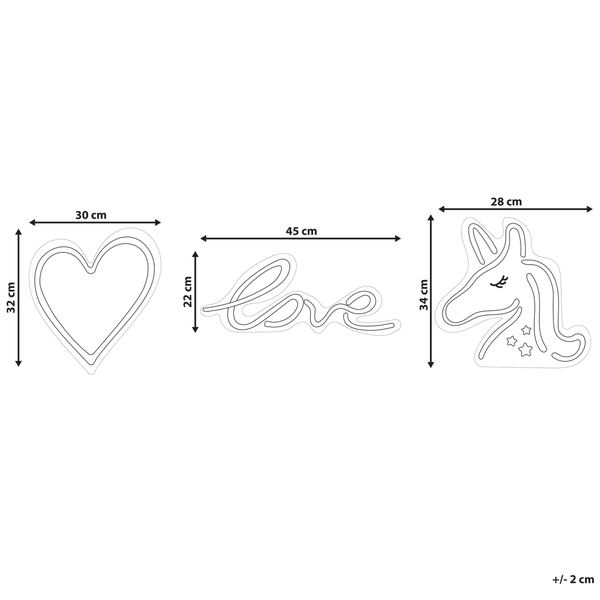 Abmessungen für Neonlampen: Herz 32 mal 30 Zentimeter, Schriftzug love 22 mal 45 Zentimeter und Einhorn 34 mal 28 Zentimeter.