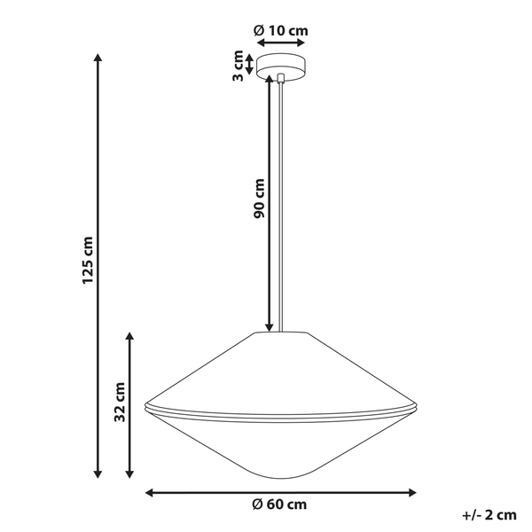 Technische Zeichnung einer Pendelleuchte mit den Maßen: Gesamthöhe 125 cm, Lampenschirmhöhe 32 cm, Lampenschirmdurchmesser 60 cm, Aufhängungshöhe 90 cm, Baldachinhöhe 3 cm und Baldachindurchmesser 10 cm.