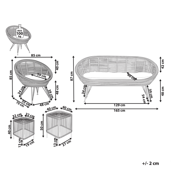 Maße des Gartenmöbel-Sets mit Sessel, Bank und Beistelltisch