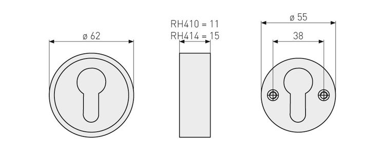 Maßzeichnung einer runden Türrosette für Profilzylinder, Durchmesser 62 Millimeter, Tiefe 11 oder 15 Millimeter und Lochabstand 38 Millimeter.