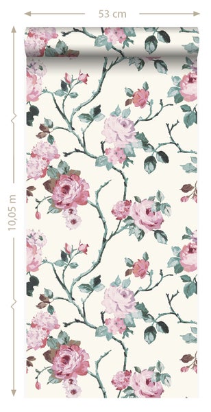 Origin Wallcoverings Tapete Blumen Crême-Weiß und Hellrosa und Grün - 53 cm x 10.05 m - 347433