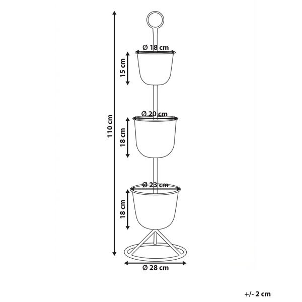 Abmessungen von einem dreistufigen Hängetopf mit Halterung