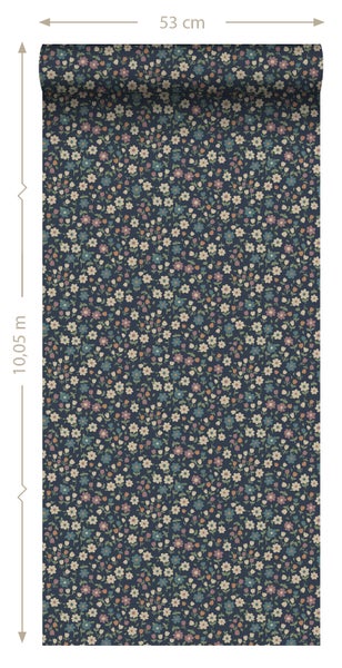 ESTAhome Tapete Blumen Dunkelblau, Violettrosa und Graugrün - 53 cm x 10.05 m - 139471