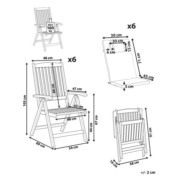 Maßzeichnung für 6 klappbare Gartenstühle mit Auflagen, Maße 105 x 54 x 69 Zentimeter, maximale Belastbarkeit 160 Kilogramm.