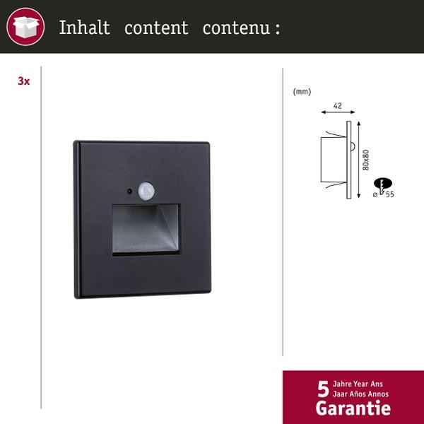 Set LED Wandeinbauleuchte Edge 3er-Set 80x42mm 3x1,2W 3x25lm 230V 2700K Schwarz matt