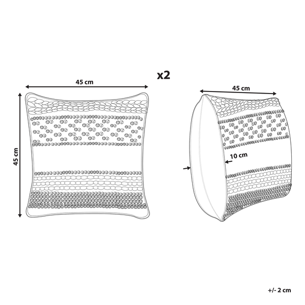 Abbildung zweier dekorativer Kissen mit den Maßen 45 cm x 45 cm x 10 cm