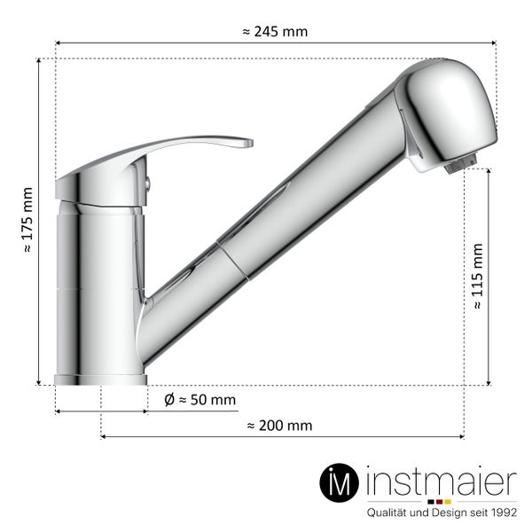 instmaier Niederdruck Küchenarmatur K2 | Ausziehbare Brause | Wasserhahn Küche mit 2 Funktionen | Spültischarmatur Chrom | 360° schwenkbar | mit Zentralverschraubung