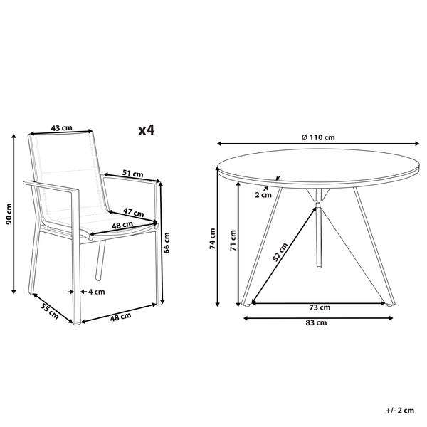 Maße Gartentischgruppe mit vier Stühlen
