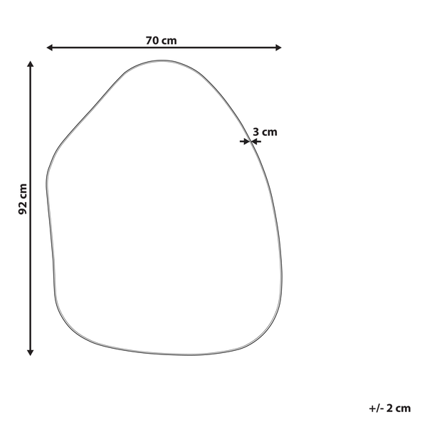Abbildung mit Maßangaben: Länge 92 cm, Breite 70 cm, Stärke 3 cm