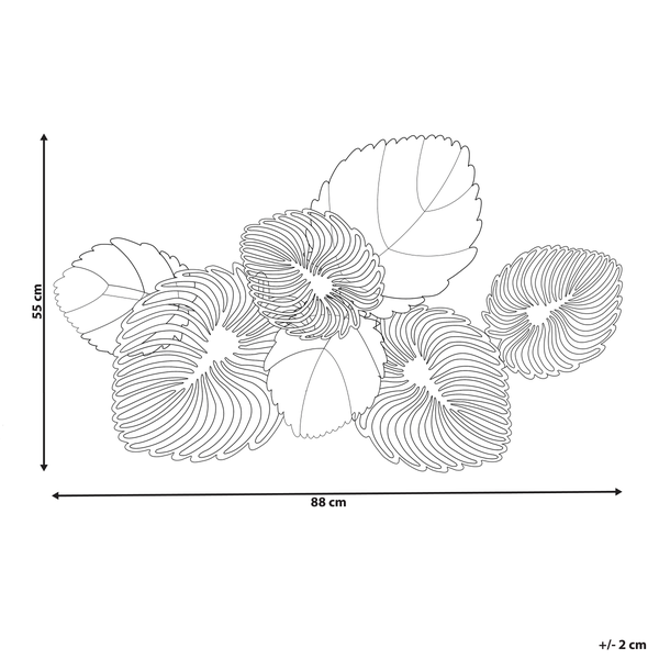 Abmessungen der Wanddekoration mit Blattmotiven: 88 cm breit und 55 cm hoch.