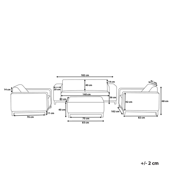 Maße einer Couchgarnitur mit Sofa, zwei Sesseln und Hocker