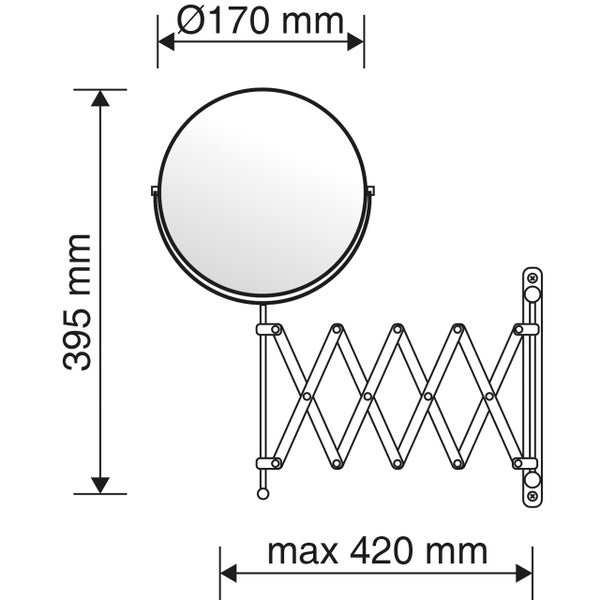Technische Zeichnung eines Wandspiegels mit den Maßen Durchmesser 170 Millimeter, Höhe 395 Millimeter und maximaler Ausladung 420 Millimeter.
