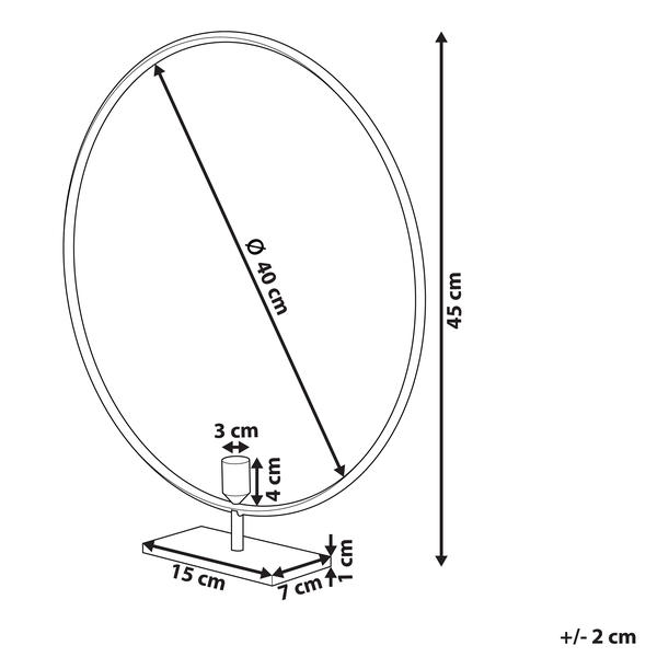 Abmessungen einer Tischleuchte mit einem Durchmesser von 40 cm, einer Höhe von 45 cm und einem Sockel von 15 cm