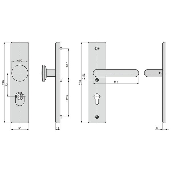 BASI Schutzbeschlag SB 7500 ES0 - ZA 72/8 mm aus Edelstahl Wechsel-Garnitur Knopf gerade Drücker in U-Form Langschild eckig 14 mm Schildstärke 11-15 mm Zylinderüberstand für TS 38-45 mm geeignet