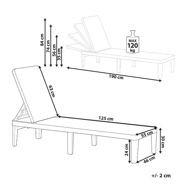 Abmessungen einer Gartenliege: 190 cm Länge, 125 cm Liegefläche, maximale Belastbarkeit 120 kg