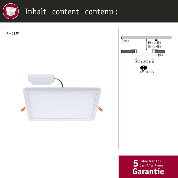 VariFit LED Einbaupanel 3-Step-Dim Areo IP44 eckig 230x230mm 16W 1400lm 4000K Weiß dimmbar