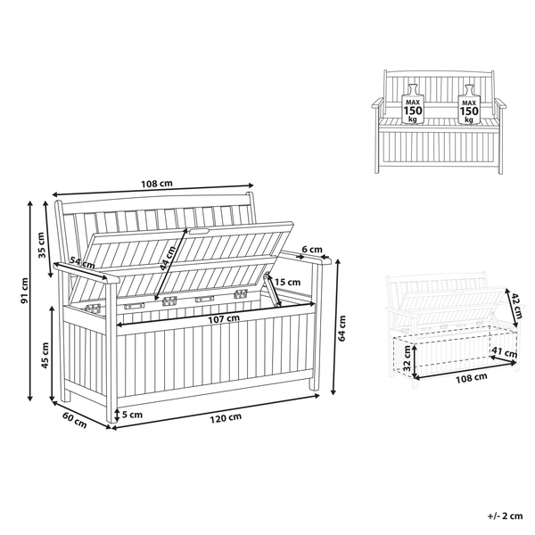 Technische Zeichnung einer Gartenbank mit Truhe mit genauen Maßen in Zentimeter und einer maximalen Belastbarkeit von zweimal 150 Kilogramm.
