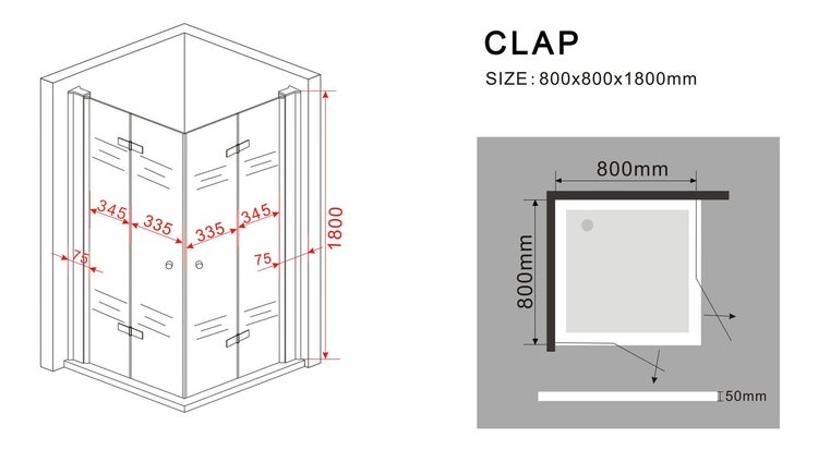 Technische Zeichnung einer Duschkabine mit den Maßen 800 x 800 x 1800 Millimeter.