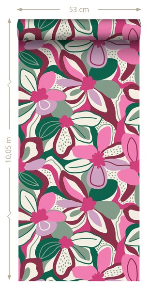ESTAhome Tapete Blumenmuster Bonbonrosa, Grün und Weiß - 50 x 900 cm - 131131