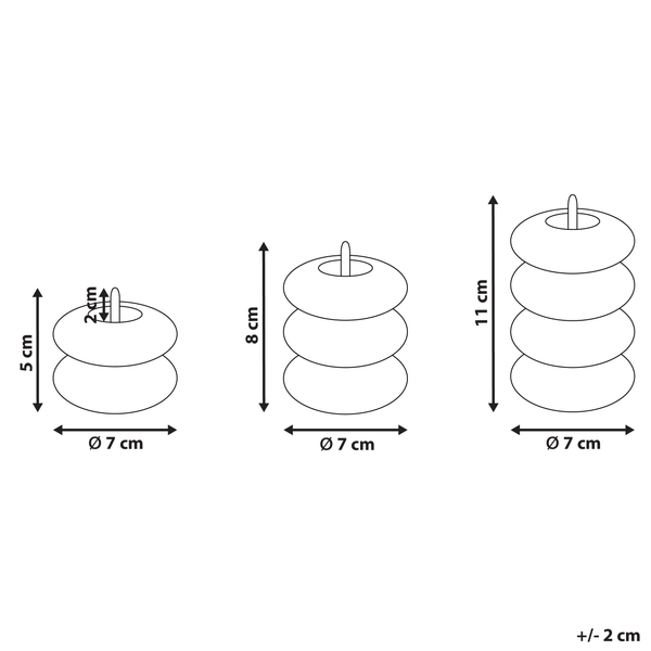 Technische Zeichnung von runden Terracotta-Abstandshaltern mit den Maßen 5 cm, 8 cm und 11 cm Höhe, 7 cm Durchmesser und 2 cm Abstandhalter-Halterung