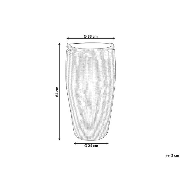 Abmessungen eines Pflanzgefäßes: Höhe 64 cm, Durchmesser oben 33 cm, Durchmesser unten 24 cm