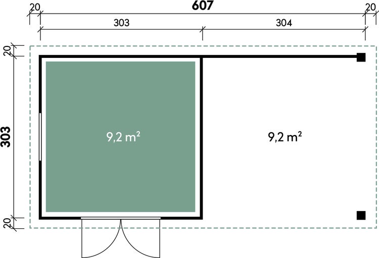 Grundriss eines Gartenhauses mit Terrasse, Abmessungen in Zentimeter, Gesamtflaeche 18,4 Quadratmeter, unterteilt in 9,2 Quadratmeter Hausbereich.