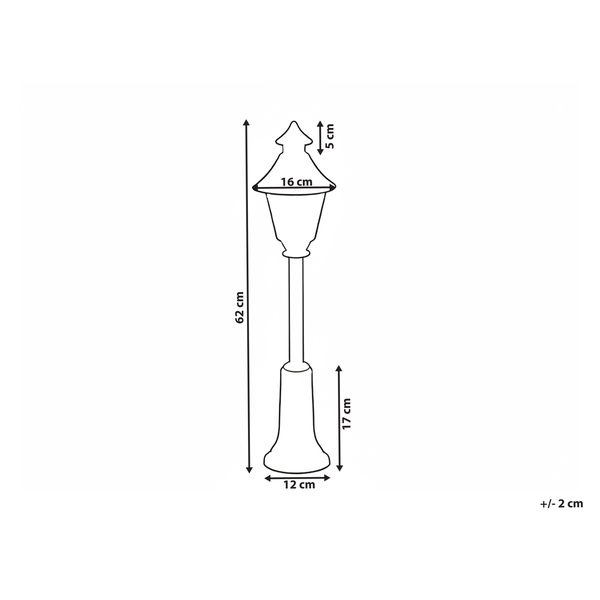 Maßzeichnung einer Wegeleuchte mit den Maßen 62, 16, 5, 17 und 12 Zentimeter