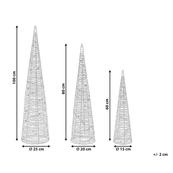 Illustration von drei spiralförmigen Deko-Bäumen unterschiedlicher Größe mit den Maßen 100, 80 und 60 cm Höhe