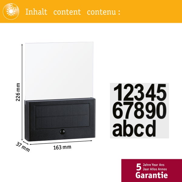 Solar LED Hausnummernleuchte Neda Bewegungsmelder IP44 3000K 27lm Anthrazit