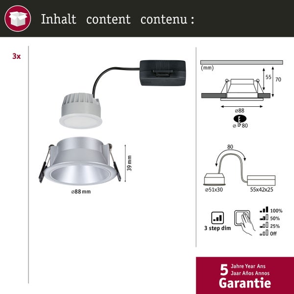 Set LED Einbauleuchte Cole IP44 88mm 2700K 3x6W 3x470lm 230V Silber matt Kunststoff, Alu Zink