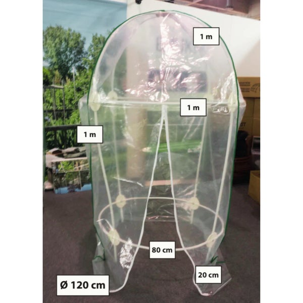 Tomatenhaus mit den Maßen: 1 Meter Höhe, 120 Zentimeter Durchmesser, 80 Zentimeter Breite, 20 Zentimeter Tiefe.