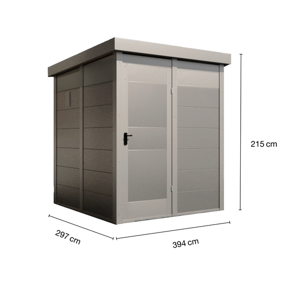 Gartenschrank mit den Maßen 215 cm Höhe, 297 cm Tiefe und 394 cm Breite.