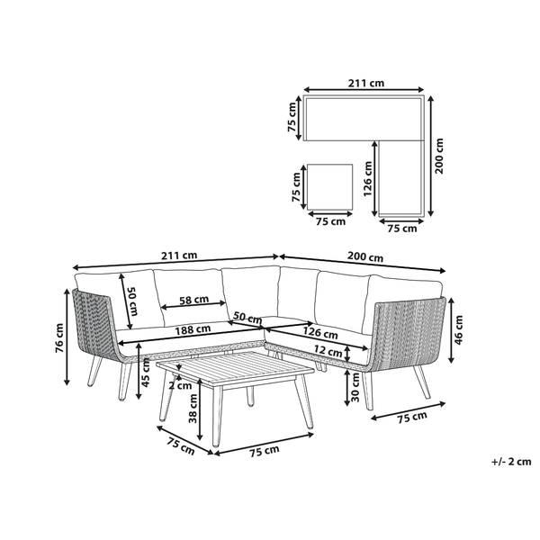 Garten Ecksofa mit Tisch 5-Sitzer ALCAMO linksseitig Akazienholz Hellbeige
