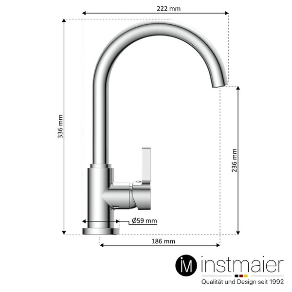 instmaier Niederdruck Küchenarmatur K3 | 360° schwenkbar | Wasserhahn Küche | Spültischarmatur Chrom | Hoher Auslauf | mit Zentralverschraubung