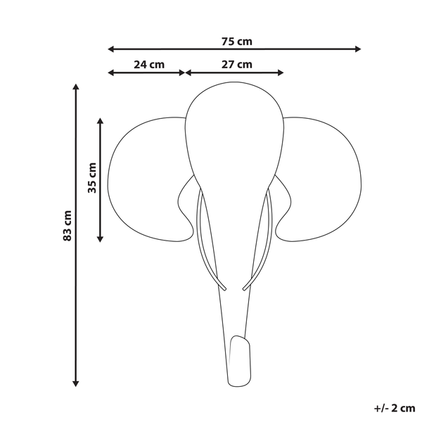 Abmessungen einer Elefantenkopf-Wanddekoration: 83 cm hoch und 75 cm breit