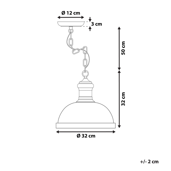 Technische Zeichnung einer Hängeleuchte mit den Maßen 32 cm Durchmesser, 32 cm Höhe und 50 cm Kettenlänge.