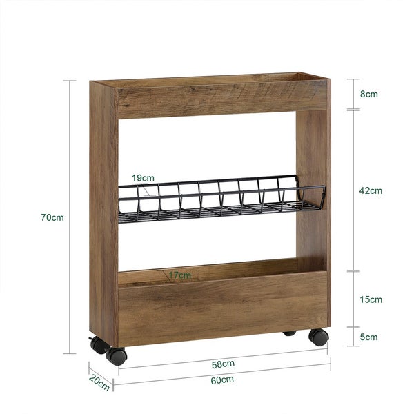 Rollwagen mit drei Ablageflächen und Maßangaben