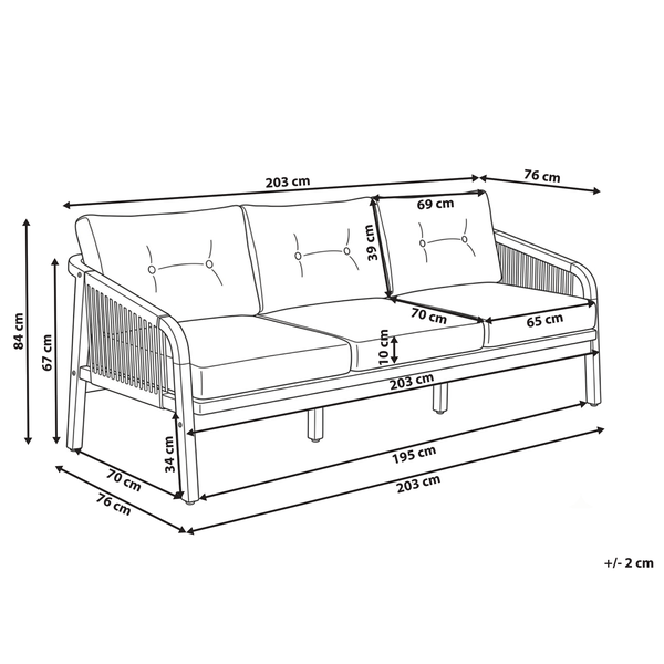 Maßzeichnung eines 3-Sitzer Gartensofas mit Maßen in Zentimeter: Breite 203, Tiefe 76, Höhe 84.