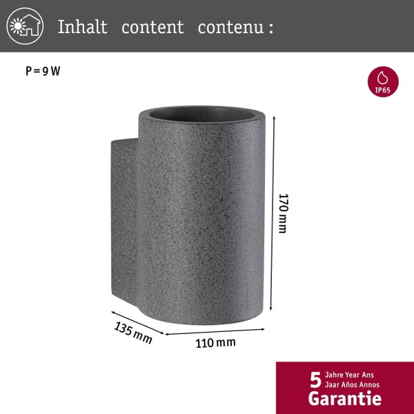 LED Außenwandleuchte Concrea IP65 110x135mm 3000K 6,8W 300lm 230V Schwarzer Sandstein Beton