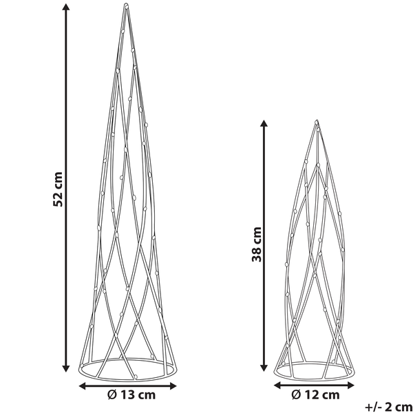 Abbildung von zwei Pflanzstützen mit Höhenangaben von 52 cm und 38 cm, sowie Durchmesserangaben von 13 cm und 12 cm.