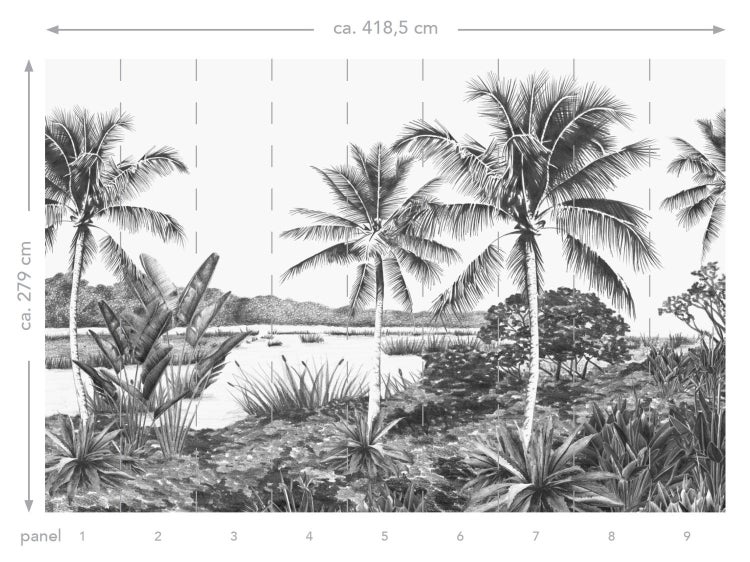 ESTAhome Fototapete tropische Landschaft mit Palmen Schwarz-Weiß - 4,185 x 2,79 m - 158901