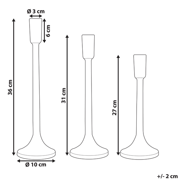 Abbildung von drei Kerzenständern mit den Maßen 36 Zentimeter, 31 Zentimeter und 27 Zentimeter Höhe